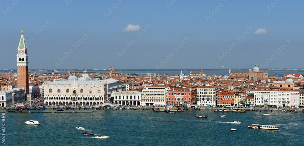 View of the Doge's palace the Campanile and Riva Degil  Schiavoni from across the Lagoon Venice Italy. 