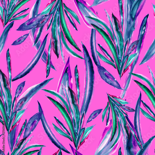 Bright leaves backgrounds Floral pattern on lilac purple background. Pink blue stripes leaves backdrop. Watercolor painting Cordyline tropical leaves.