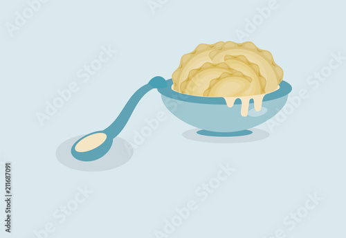 Delicious Ukrainian food - varenyks or dumplings in the blue plate with sour cream and a spoon. Vector illustration