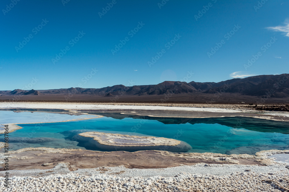 Lagunas Escondidas de Baltinache, amazing blue salty water. Atacama desert. Chile