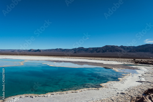 Lagunas Escondidas de Baltinache  amazing blue salty water. Atacama desert. Chile