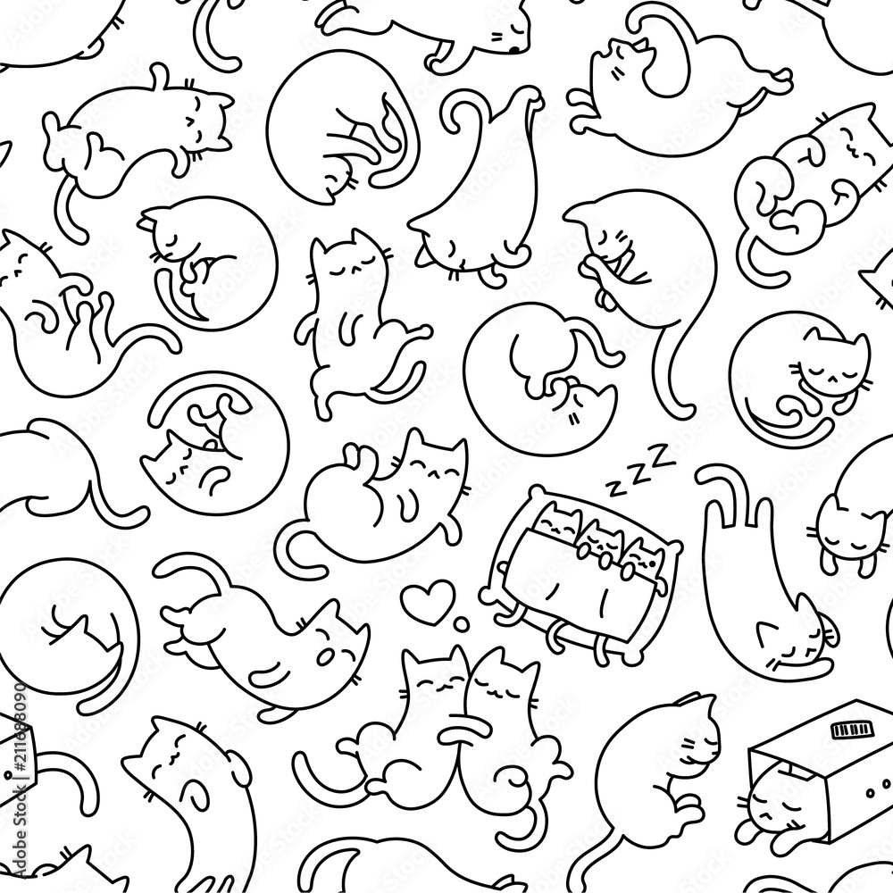 Cute Sleeping Cat Outline Seamless Pattern And Background Cute Sleeping Cat Outline Seamless Pattern And Background
