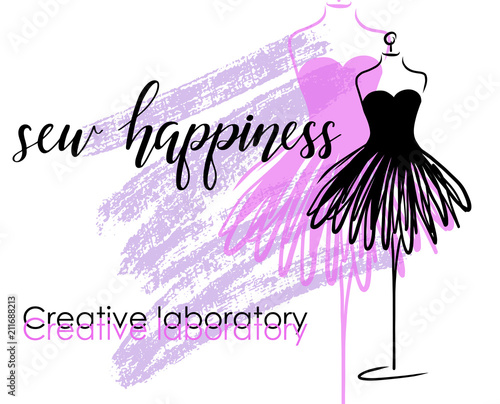 Tailoring emblem with mannequin or dummy and banner with lettering sew happiness. Fashion and tailoring logo design. Vector