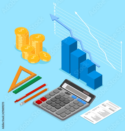 Accounting, taxes and financial calculation. Isometric illustration.