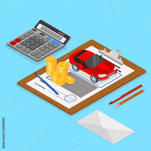 Car valuation and insurance. Isometric illustration.