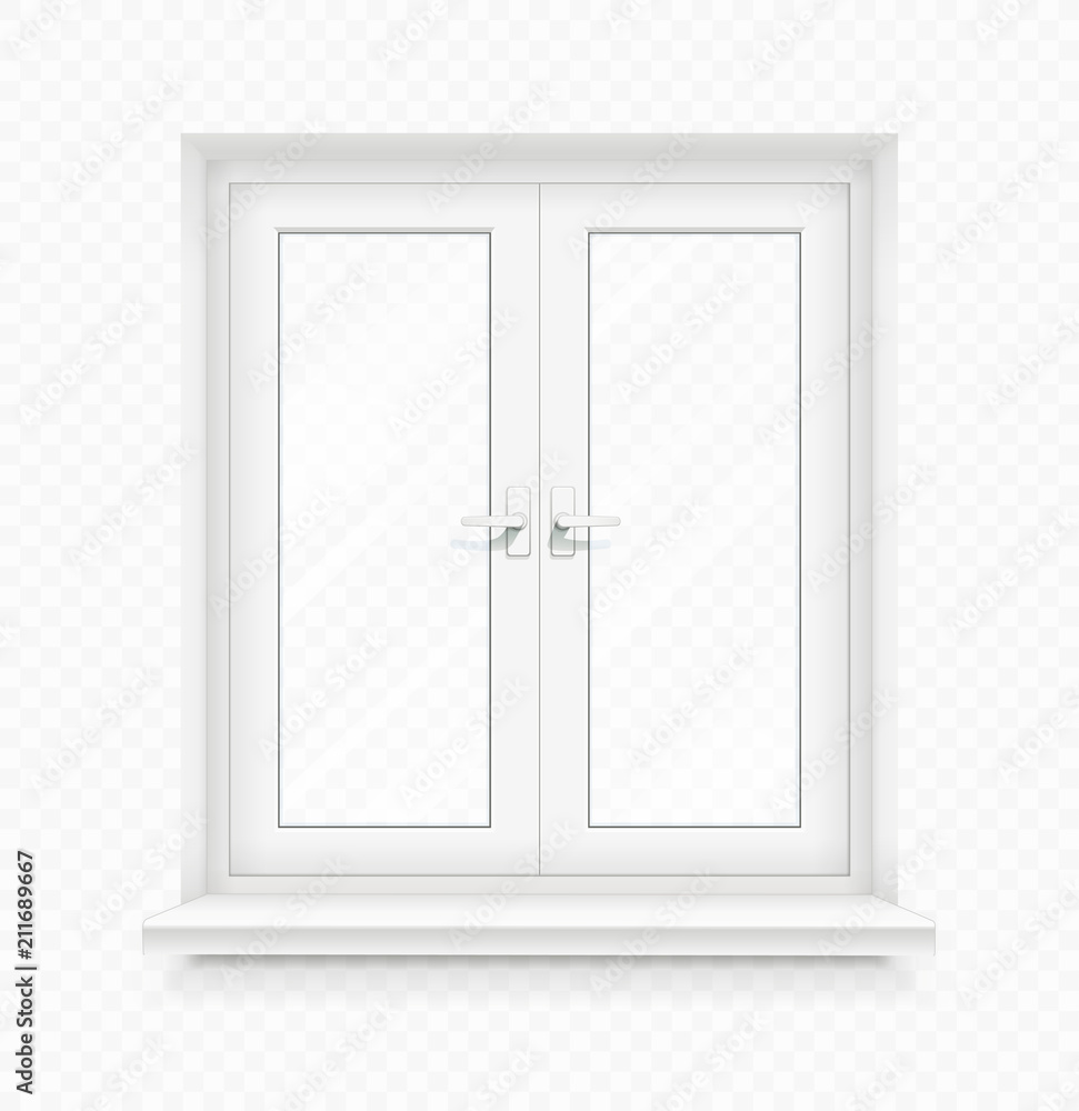 White classic plastic window with windowsill. Transparent White classic plastic window with windowsill. Transparent