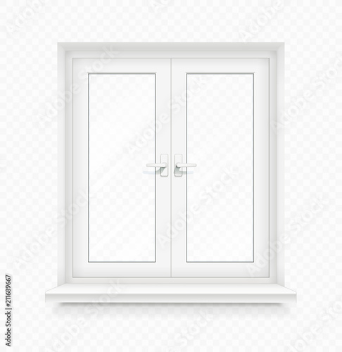 White classic plastic window with windowsill. Transparent