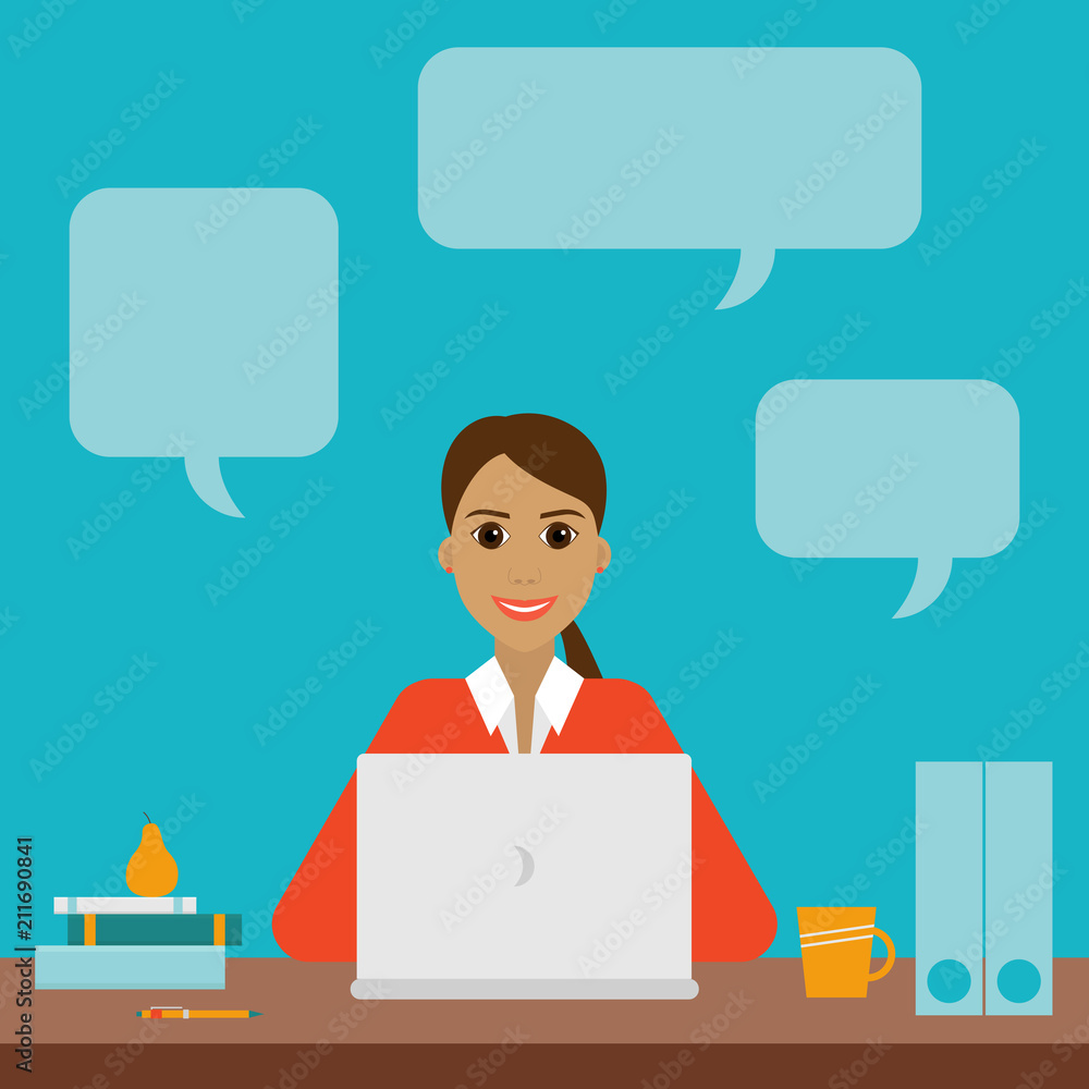 Pretty young woman working on laptop smiling happy. Office manager consultant workplace. Vector flat design illustration Pretty young woman working on laptop smiling happy. Office manager consultant workplace. Vector flat design illustration