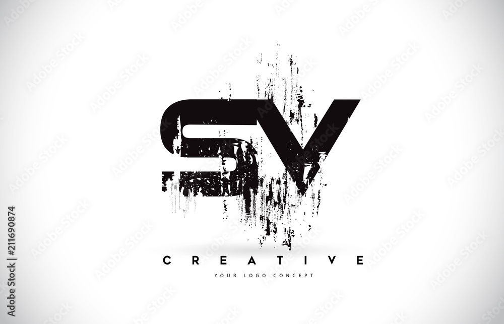 SV S V Grunge Brush Letter Logo Design in Black Colors Vector Illustration.
