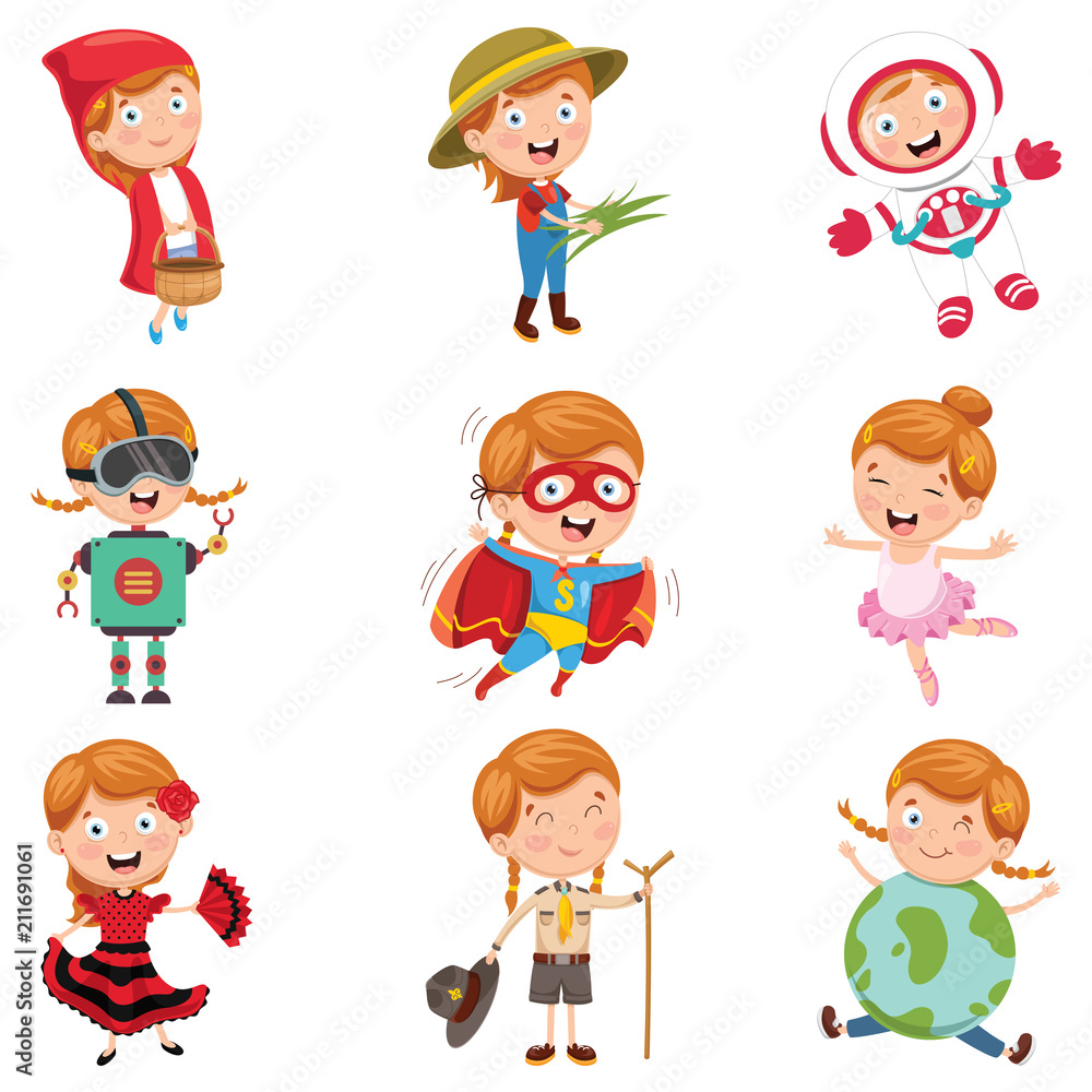 Vector Illustration Of Little Girl Wearing Various Costumes Vector Illustration Of Little Girl Wearing Various Costumes