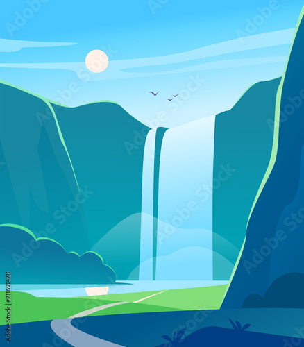 Fototapeta Naklejka Na Ścianę i Meble -  Vector flat summer landscape illustration with waterfall, river, mountains, sun, forest on blue clouded sky. Perfect for travel camping tour poster, placard, flayer, leaflet, banner. Nature view.