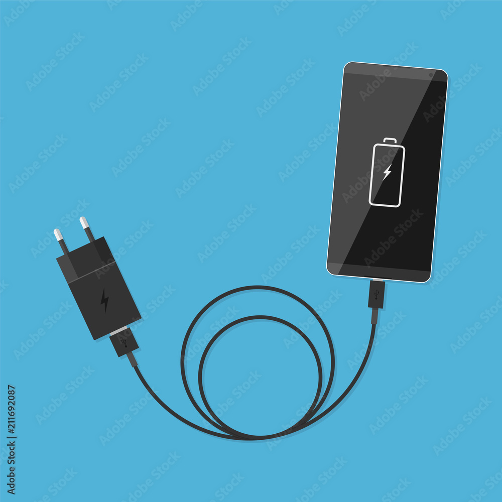 Smartphone and charger, USB cable. Illustration in a flat style Smartphone and charger, USB cable. Illustration in a flat style