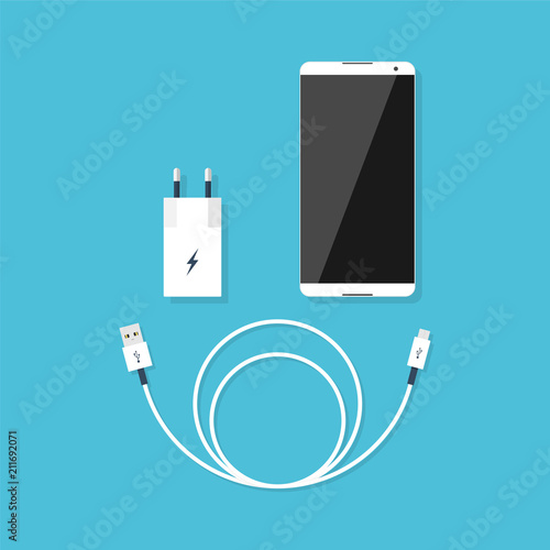 Smartphone and charger, USB cable. Vector illustration in a flat