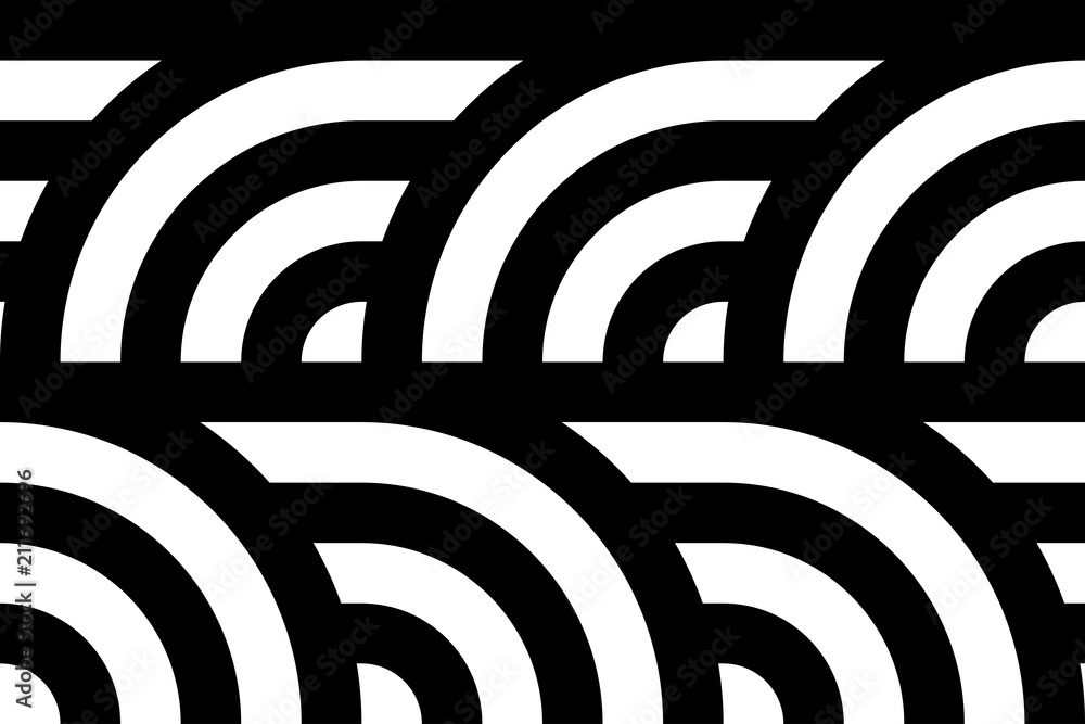 Obraz premium Seamless pattern with circles and striped black white straight lines. Optical illusion effect. Geometric tile in op art style. Vector illusive background for cloth, textile, print, web.