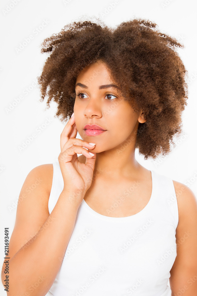 Beautiful young african american woman isolated on white background. Copy space. Mock up. Skin care, spa and make up concept. Summer time. Afro girl curly hair Beautiful young african american woman isolated on white background. Copy space. Mock up. Skin care, spa and make up concept. Summer time. Afro girl curly hair