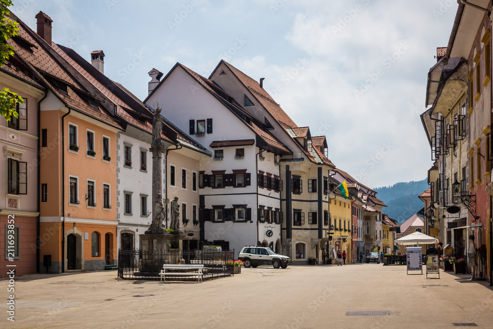 Old buildings on the main square of Skofja Loka, Slovenia