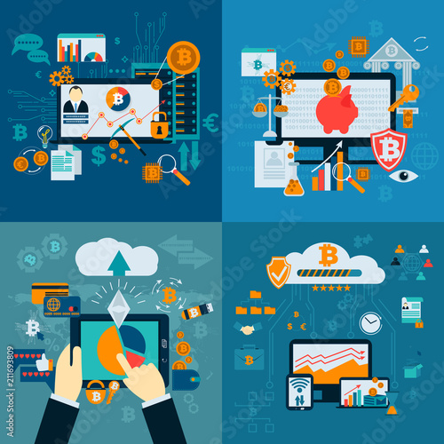 Set of Bitcoin Mining farm. Crypto currency surrounded by cryptocoins or digital currency coins, with computers and gadgets.Vector illustration in flat style. Modern financial infographics