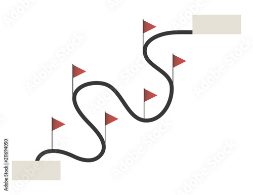 Line path way road curved curve marked with red triangular flags start finish object isolated on white background vector