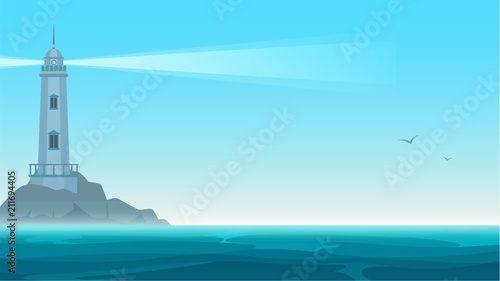 Elegant vector Lighthouse on rock island. Navigation Beacon building in blue sea ocean © lembergvector