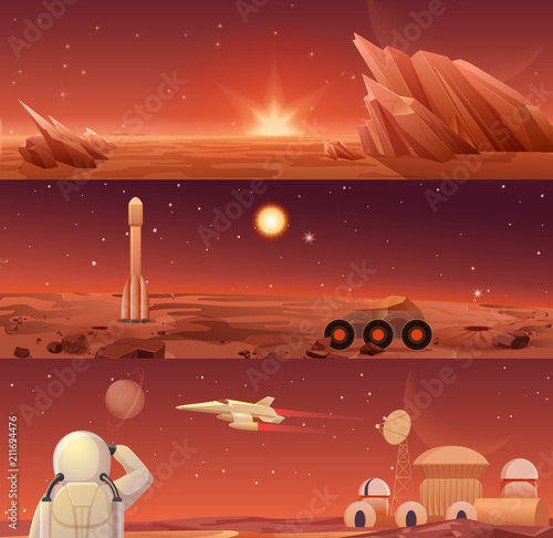 Red planet Mars colonization and exploration. Galaxy Mars landascape with rover, rocket shuttle, spacecraft and colony city base with astronaut horisontal templates banners.