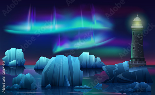 Vector Winter landscape of Lighthouse in the ice arctic ocean with icebergs. Polar night with aurora borealis northen lights.