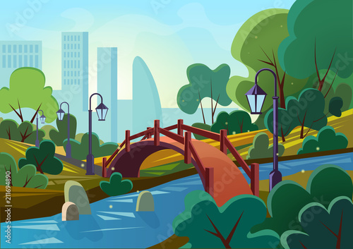 Vector cartoon illustration of a beautiful summer public city park with bridge and river in the sunrise morning. Game design.
