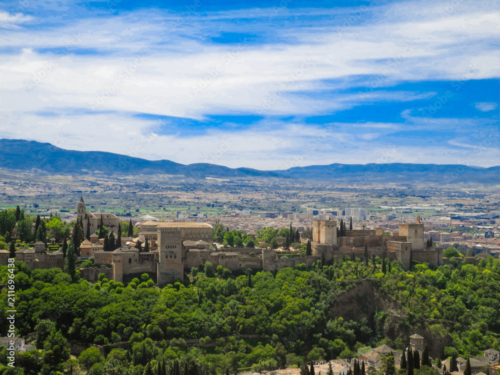 Alhambra in Granada. Palace and fortress built by the Moors. UNESCO world heritage, Spain. Islamic art, Nasrid dynasty.
