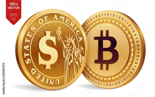 Bitcoin. Dollar coin. 3D isometric Physical coins. Digital currency. Cryptocurrency. Golden coins with Bitcoin and Dollar symbol isolated on white background. Vector illustration.