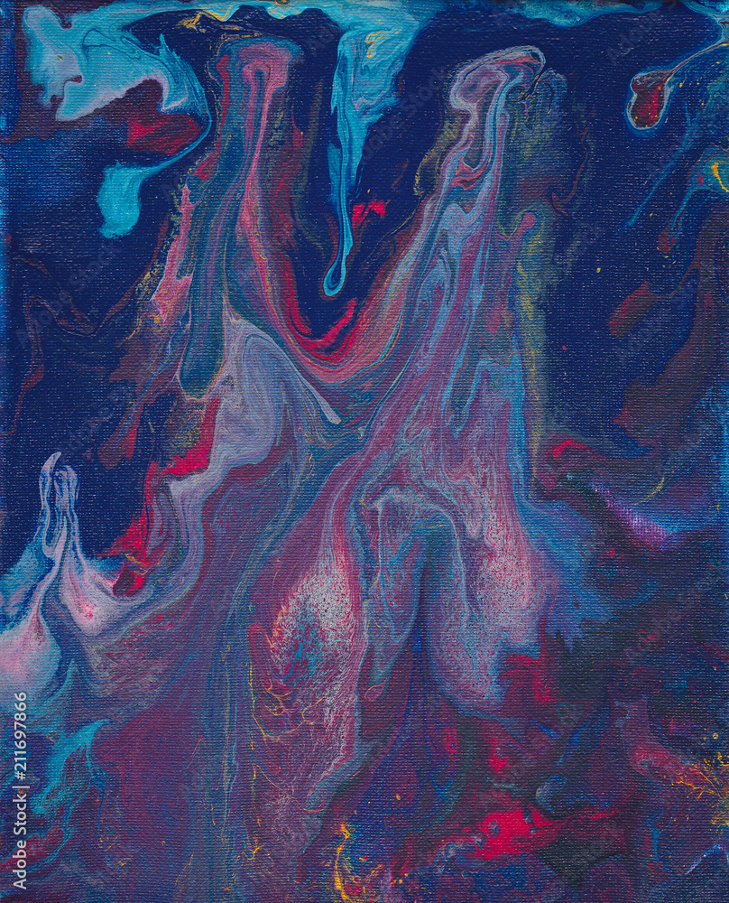 Raspberry, Magenta, Fuchsia, Indigo, Navy, Light Blue, and Gold Fluid Acrylic Abstract Painting with Copy Space