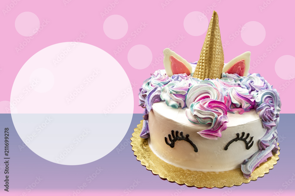 Adorable Unicorn cake with ice cream cone horn cake on pink and purple poka  dotted background with space for copy foto de Stock | Adobe Stock