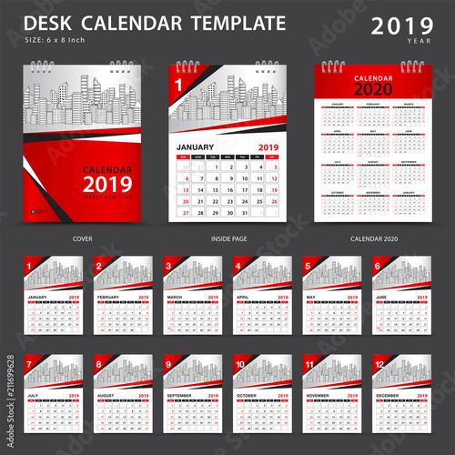 Desk calendar 2019 template. Set of 12 Months. Planner. Week starts on Sunday. Stationery design. advertisement. Vector layout. red cover. business brochure flyer.