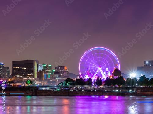 Long exposure shot - Night City View on the old Port of Montreal, Quebec, Canada