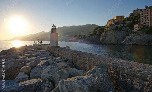 Panorama of Camogli, pier and lighthouse - Liguria - Italy