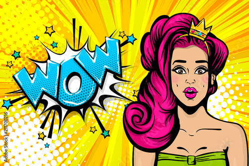 Wow face caucasian sexy young princess girl in crown. Woman pop art pink hair. Comic text advertise speech bubble. Retro halftone background.