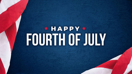 Happy Fourth of July Text Over Blue Paper Texture Background and American Flags