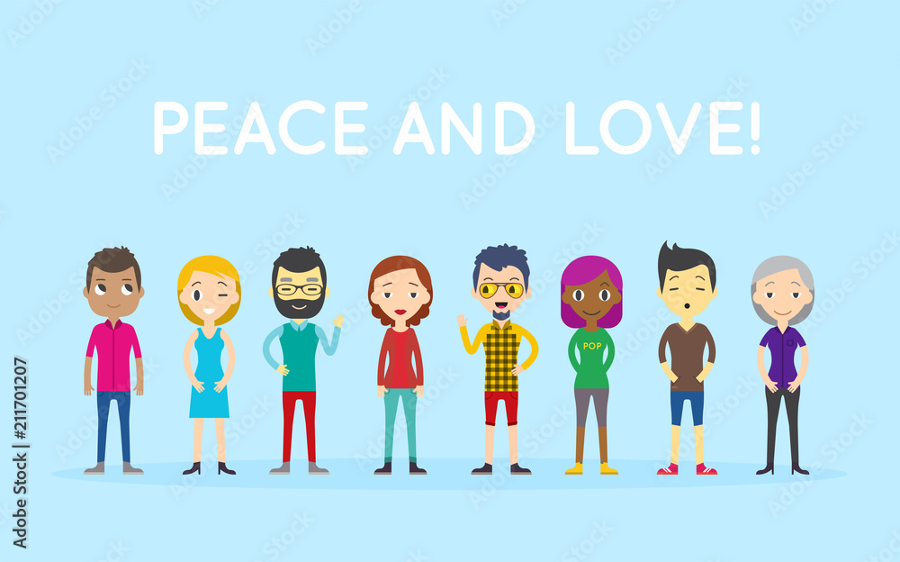 Peace and Love! Group of people diversity, diverse business men and business women standing on blue background. Vector illustration of flat design people characters. Peace and Love! Group of people diversity, diverse business men and business women standing on blue background. Vector illustration of flat design people characters.