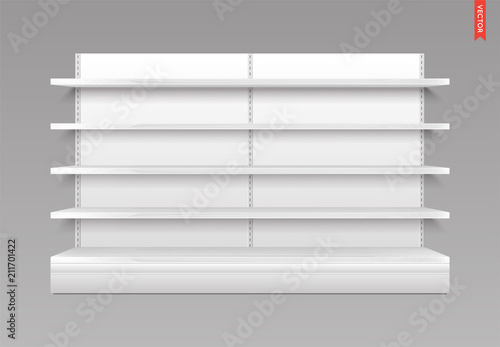 Empty Vector Store Shelves. Wood Material. Showcase Display. Retail Shelf Rack with Back.