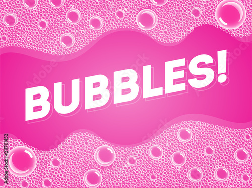 Soap Bubbles in Bath or Sud. Vector. Transparent Foam on Pink Soda water background.