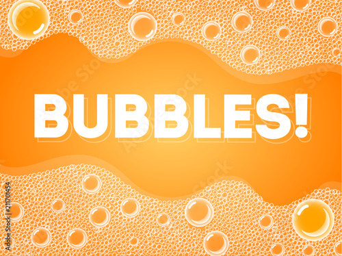 Soap Bubbles in Bath or Sud. Vector. Transparent Foam on Orange Soda water background.
