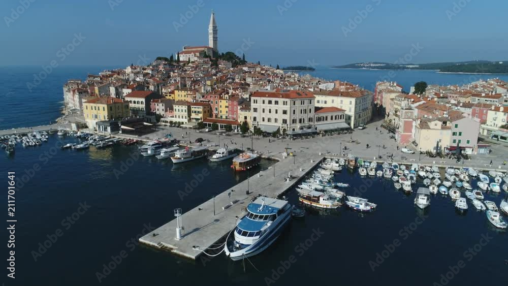 Drone shot of colorful homes and buildings in Rovinj, a well preserved historic town on the Adriatic coastline in Croatia Drone shot of colorful homes and buildings in Rovinj, a well preserved historic town on the Adriatic coastline in Croatia