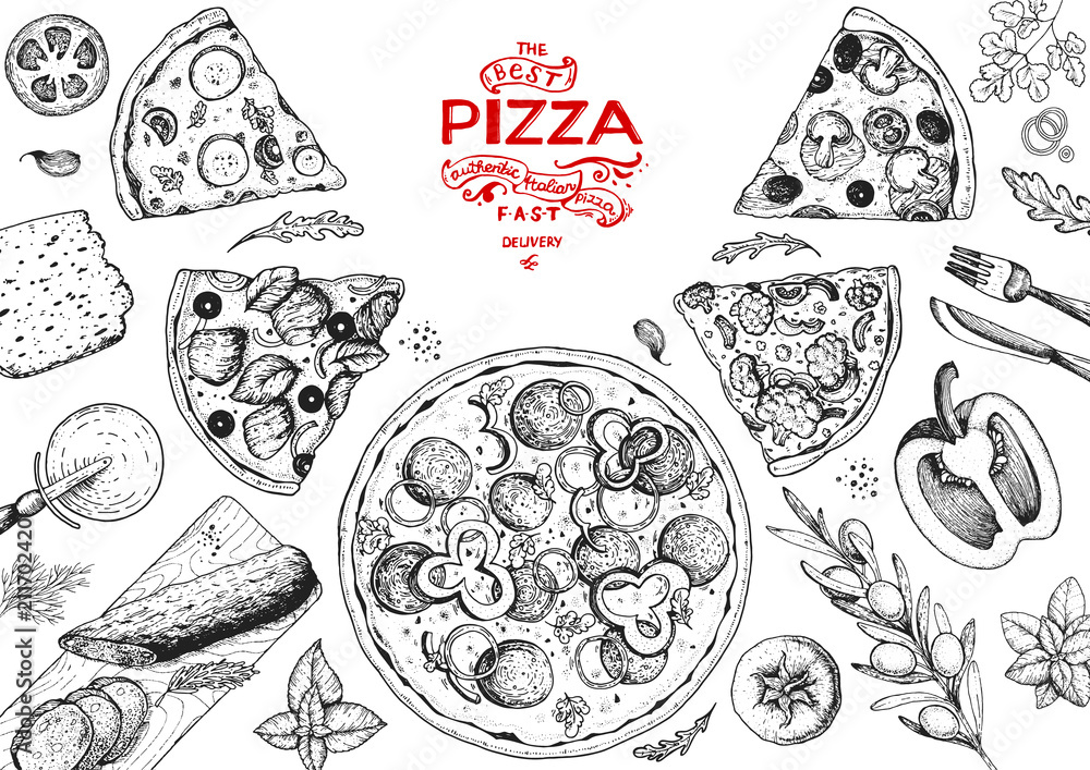 Fototapeta Włoska pizza i składniki widok z góry ramki. Szablon projektu menu włoskie jedzenie. Vintage ręcznie rysowane szkic, ilustracji wektorowych. Ilustracja stylu grawerowanego. Etykieta pizzy dla menu.