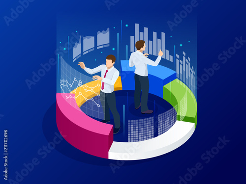 Isometric business analytics, strategy and planning. Technology, Internet and network concept. Data and investments. Businessmans with infographic elements.