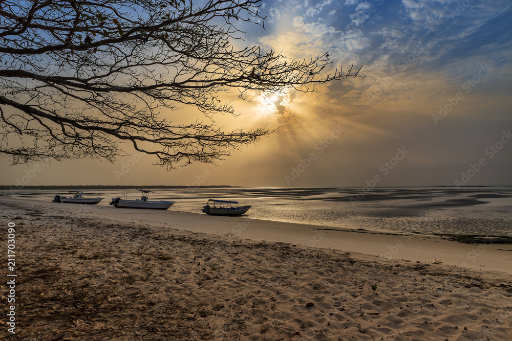 Fototapeta premium View of a beautiful deserted beach in the island of Orango at sunset, in Guinea Bissau. Orango is part of the Bijagos Archipelago; Concept for travel in Africa and summer vacations