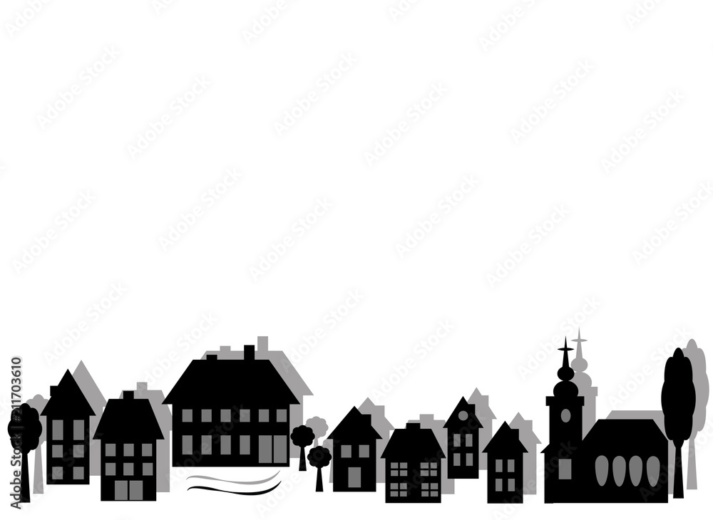 Monochrome symbolic city in simple silhouettes with place for text. Vetor and jpg.