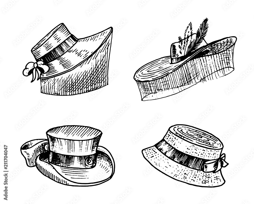 Summer vintage Hats collection for elegant woman, female and ladies. Retro  fashion set. Breton Panama, Broad-brim, Slouch Cloche, Poke bonnet. Hand  drawn engraved vintage sketch Stock Vector | Adobe Stock