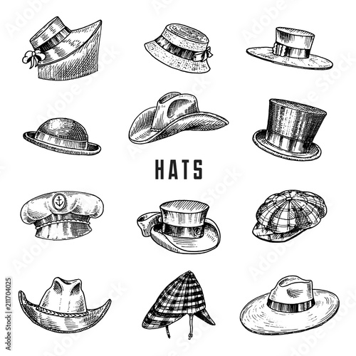 Summer vintage Hats collection for elegant men,woman, female and ladies. Fedora Derby Deerstalker Homburg Bowler Straw Beret Captain Cowboy Porkpie Boater. Retro fashion set. English style. Hand drawn