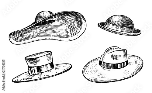 Summer vintage Hats collection for elegant woman, female and ladies. Retro fashion set. Breton Panama, Broad-brim, Slouch Cloche, Poke bonnet. Hand drawn engraved vintage sketch