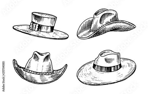 Summer vintage Hats collection for elegant men. Fedora Derby Deerstalker Homburg Bowler Straw Beret Captain Cowboy Porkpie Boater Peaked cap. Retro fashion set. English style. Hand drawn sketch.