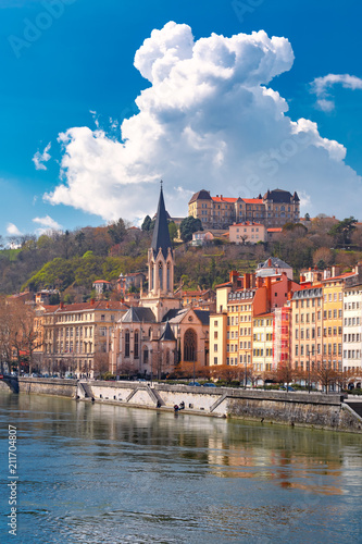 Fotografie Saint Georges church and Saone river in the Old town om the sunny day, Lyon, Fra