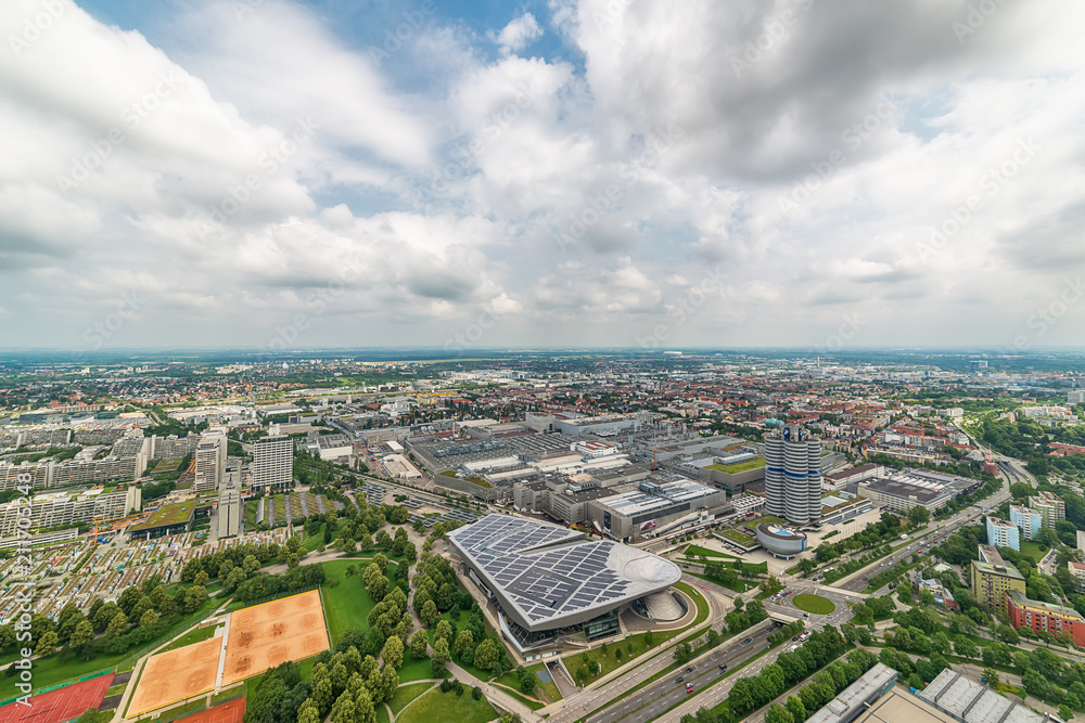 Munich, Germany June 09, 2018: Aerial view of Munich with BMW buildings from Olympic communication tower.